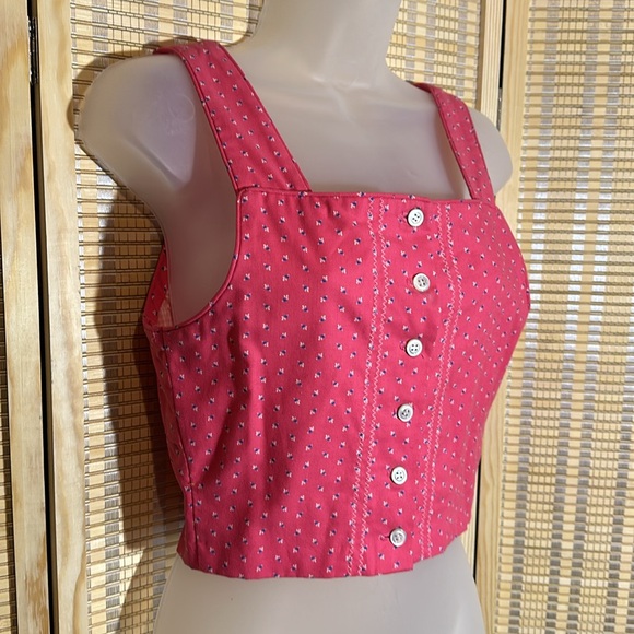 Vintage Handmade Cropped Pink Tank Top Tiny Floral Print Button Front No Size - Picture 2 of 16